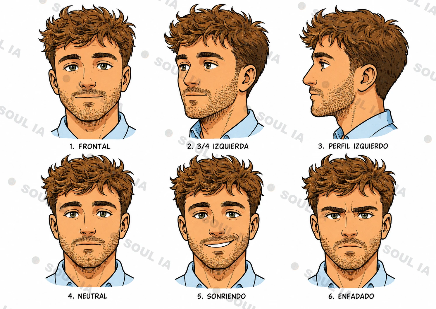 Hoja de referencia del avatar de Jorge para Soul IA, con seis expresiones faciales: frontal, tres cuartos, perfil, neutral, sonriente y enfadado, en estilo cómic ilustrado.