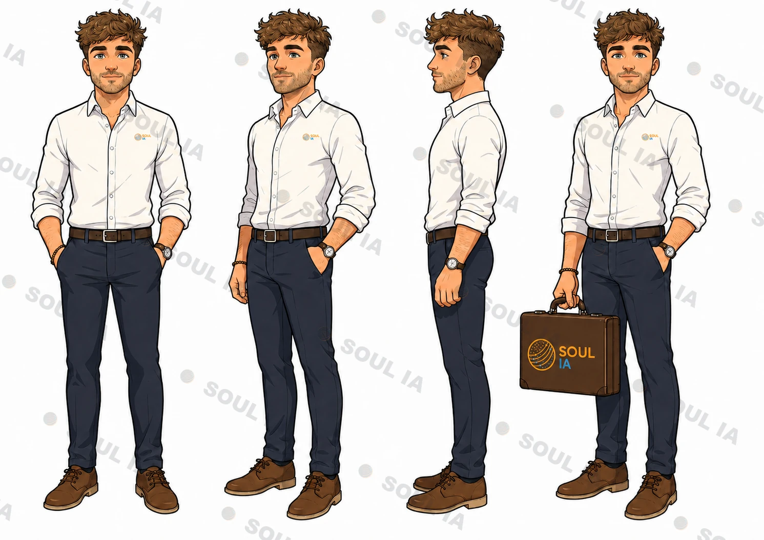 Hoja de referencia de cuerpo entero del avatar de Jorge para Soul IA, con camisa blanca con logo, pantalón azul marino y maletín, en estilo cómic ilustrado.